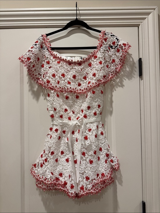 Alexis Pants - Alexis White Eyelet Romper with Red Floral Embroidery Trim